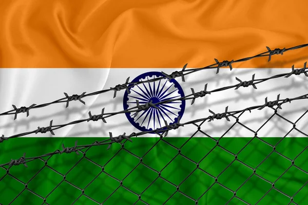 Developing India Flag Mesh Fence Barbed Wire Concept Isolation Emigrants — Stock Photo, Image