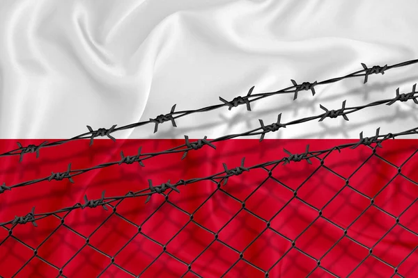 Розвиток Польщі Прапор Сітка Огорожа Колючий Дріт Концепція Ізоляції Емігрантів — стокове фото