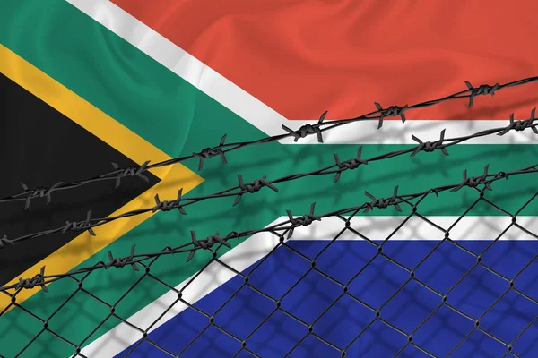 Desenvolvimento África Sul Bandeira Cerca Malha Arame Farpado Conceito Isolamento — Fotografia de Stock