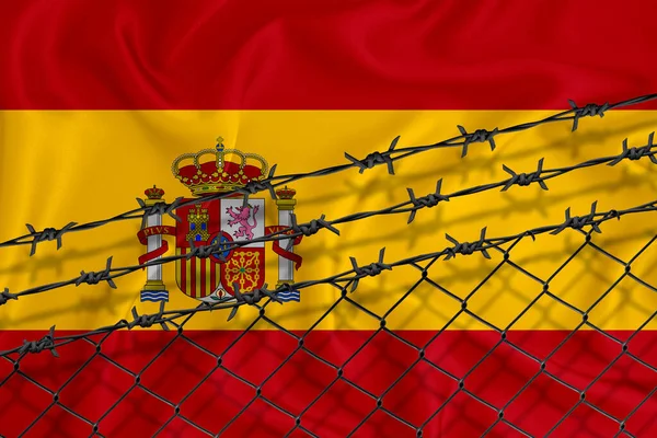 Utvecklar Spanien Flagga Nät Stängsel Och Taggtråd Begreppet Isolering Utvandrare — Stockfoto