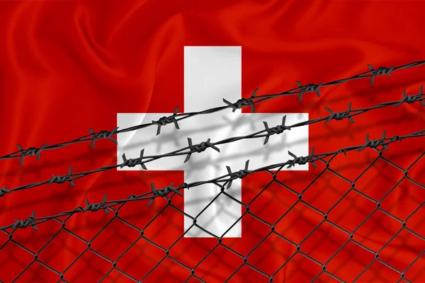 Utvecklar Schweiz Flagga Nät Stängsel Och Taggtråd Begreppet Isolering Utvandrare — Stockfoto
