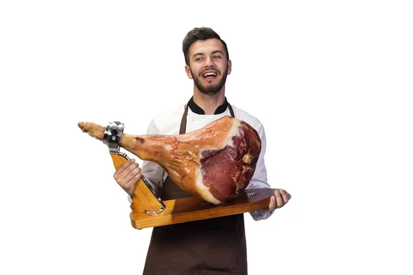 Chef com perna de porco defumada — Fotografia de Stock