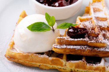 Bir tabakta waffle ve dondurma