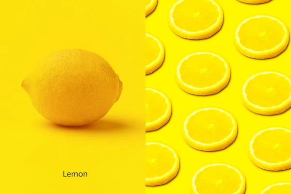 Layout Criativo Feito Fatias Limão Fundo Amarelo — Fotografia de Stock