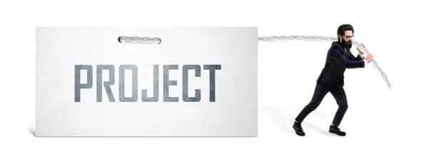 Üzletember Húzza Egy Nehéz Projekt Felirat Fehér Lap Panoráma Kép — Stock Fotó