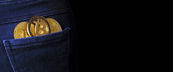 gold bitcoins in the back jeans pocket, background image with place for text