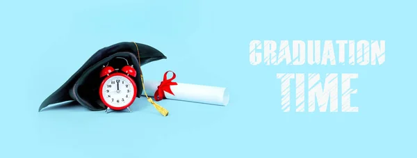 Graduation Cap Red Clock Diploma Image Blue Background Concept Graduation — Stok fotoğraf