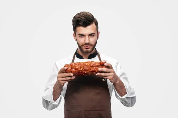 Retrato Chef Segurando Presunto Suas Mãos — Fotografia de Stock