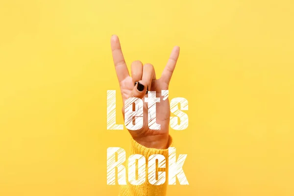 Rock Roll Znak Modnym Żółtym Tle Niech Rock Koncepcja — Zdjęcie stockowe