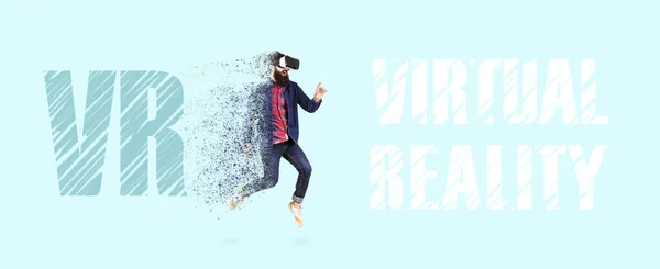 Retrato Comprimento Total Hipster Barbudo Pulando Óculos Realidade Virtual Homem — Fotografia de Stock
