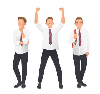 Öğrenci, öğrenci, üniformalı liseli çocuk. Beyaz arkaplanda pozlar ayarlandı. Düşünceli poz, eller çenede. Kollar havada kazanan poz. Sırt çantalı rahat bir poz. Düz vektör illüstrasyonu