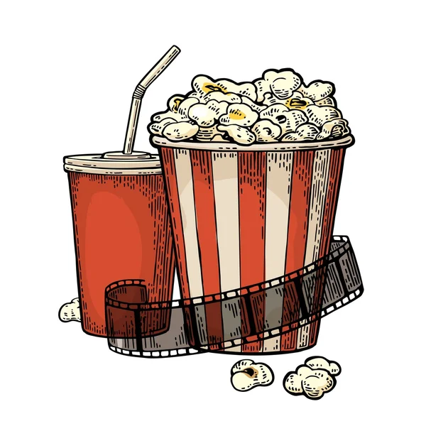Palomitas de maíz, taza para bebidas con paja, tira de película y vasos 3D para cine . — Archivo Imágenes Vectoriales
