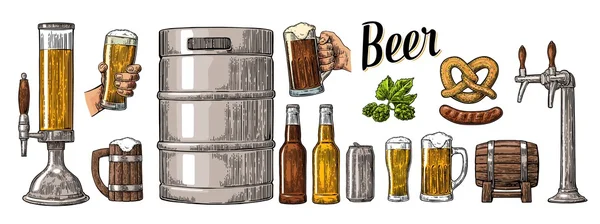 Bierset mit zwei Händen, die Gläser Becher und Zapfhahn halten, Dose, Fass, Wurst, Brezel, Flasche — Stockvektor