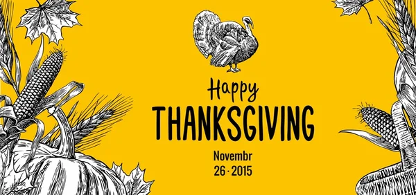 Święto Dziękczynienia ręcznie rysowane z liści, dynia, kolby kukurydzy, Turcja, ucha i spica na białym tle. — Wektor stockowy