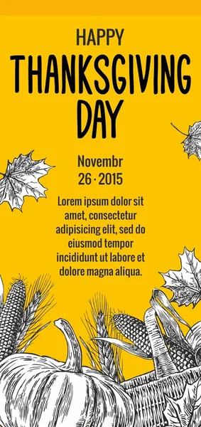 Día de acción de gracias dibujado a mano con hojas, calabaza, mazorca de maíz, espiga y spica sobre fondo amarillo . — Archivo Imágenes Vectoriales