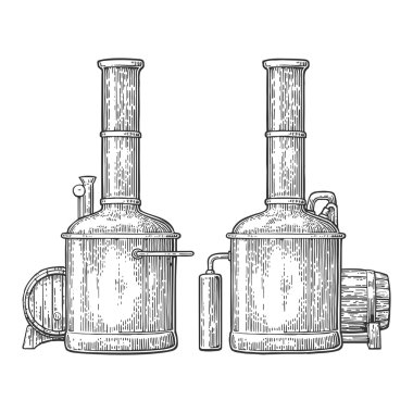 Row of tanks and wooden barrel in brewery beer. clipart