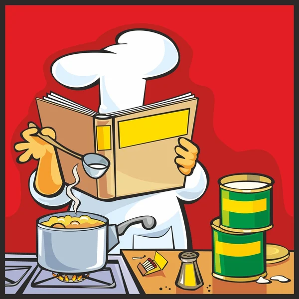 Chef-kok bereiden soep en lezen recept kookboek. — Stockvector