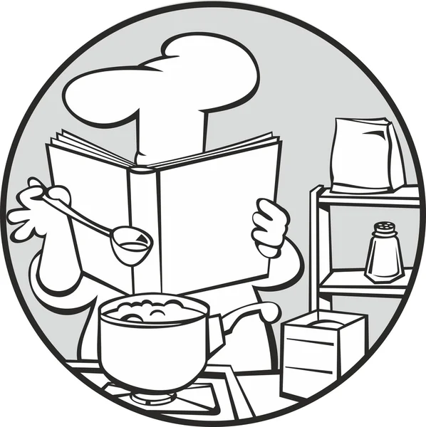 Chef preparando sopa e leitura receita livro de receitas . —  Vetores de Stock