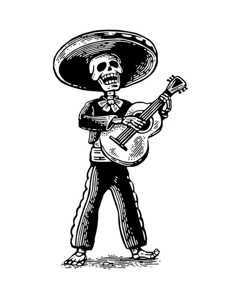 Dag av den döda, Dia de los Muertos. Skelettet i mexikanska nationella kostymer Dans, sjunga och spela gitarr. — Stock vektor