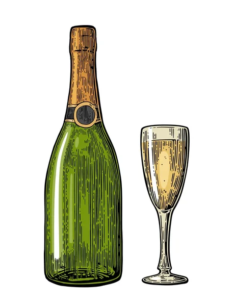 Copa de champán y botella. — Vector de stock