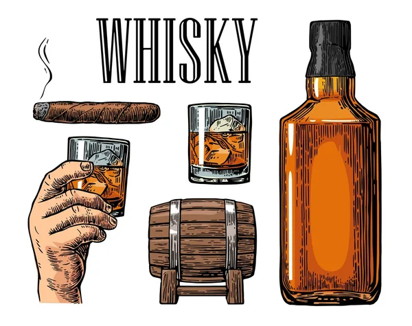 Verre à whisky avec glaçons, tonneau, bouteille et cigare . — Image vectorielle