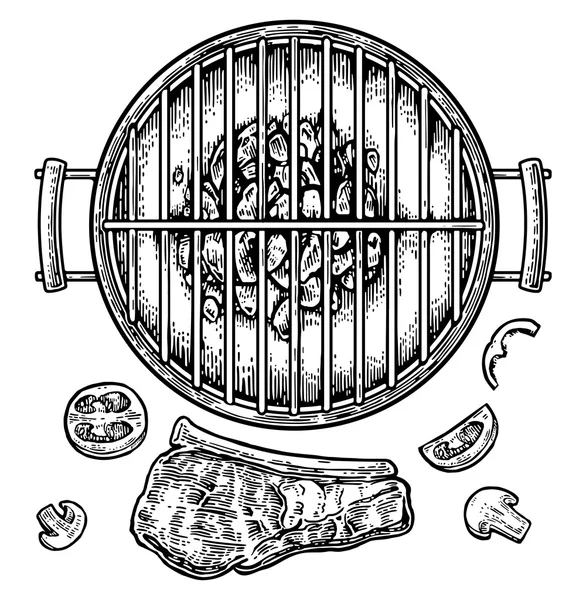用木炭、 蘑菇、 西红柿、 辣椒、 牛肉牛排烧烤烧烤炉顶视图. — 图库矢量图片