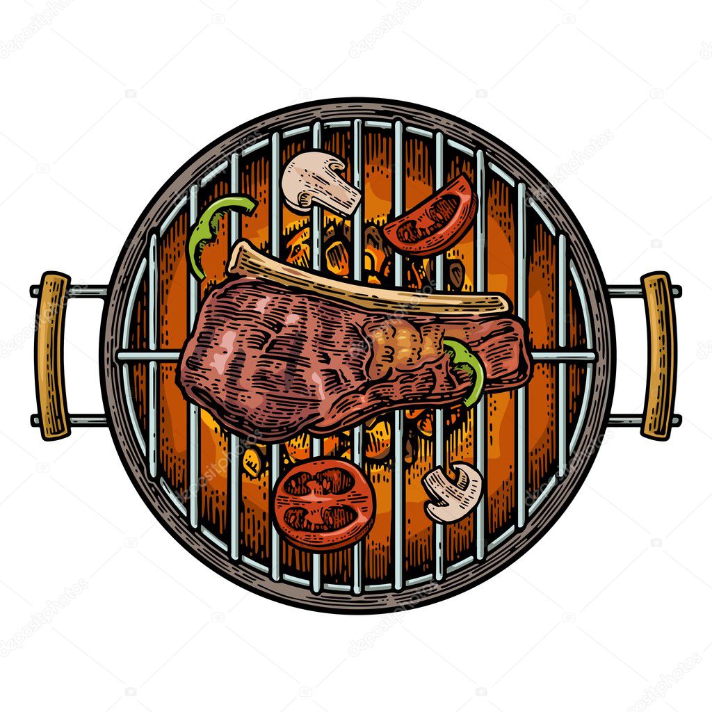 Barbecue grill top view with charcoal, mushroom, tomato, pepper and beef steak.