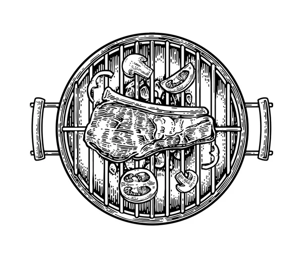 Parrilla barbacoa vista superior con carbón vegetal, champiñones, tomate, pimienta y carne de res . — Archivo Imágenes Vectoriales