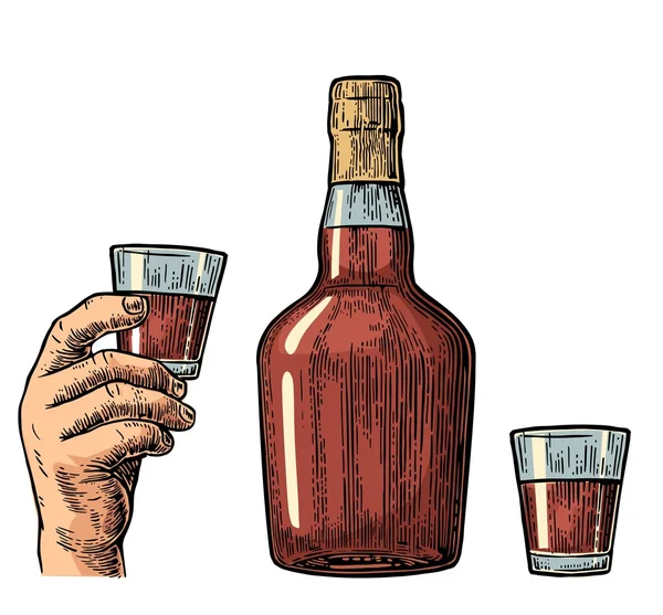 Rum garrafa e mão segurando vidro . —  Vetores de Stock