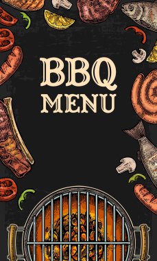 Barbekü Izgara üstten görünüm ile kömür, mantar, domates, biber, sosis, limon, Balık ve sığır eti biftek. Gıda Restoran Menü şablonu