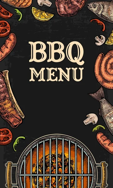 Barbecue grill ovanifrån med träkol, svamp, tomat, peppar, korv, citron, fisk och nötkött stek. Mat restaurang menymall — Stock vektor