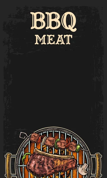 Гриль барбекю вид сверху с углем и говядиной стейк . — стоковый вектор
