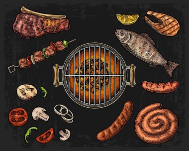 Barbekü Izgara üstten görünüm ile kömür, mantar, domates, biber, sosis, limon, Balık ve sığır eti biftek. Gıda Restoran Menü şablonu