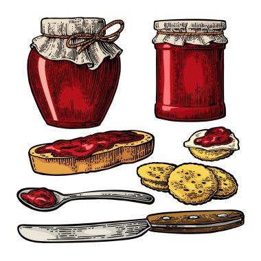 Jar with packaging paper, spoon, knife and slice of bread with jam. clipart