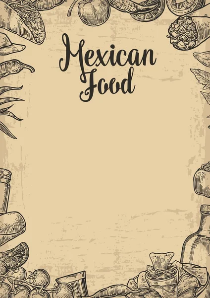 Mexican traditional food restaurant menu template with traditional spicy dish. burrito, tacos, chili, tomato, nachos, tequila, lime. Vector vintage engraved illustration on beige old paper texture bac — Stock Vector