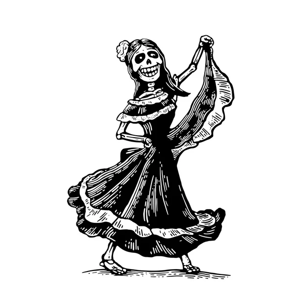 Dia dos Mortos, Dia de los Muertos. O esqueleto nos trajes nacionais mexicanos dança, canta e toca guitarra . —  Vetores de Stock