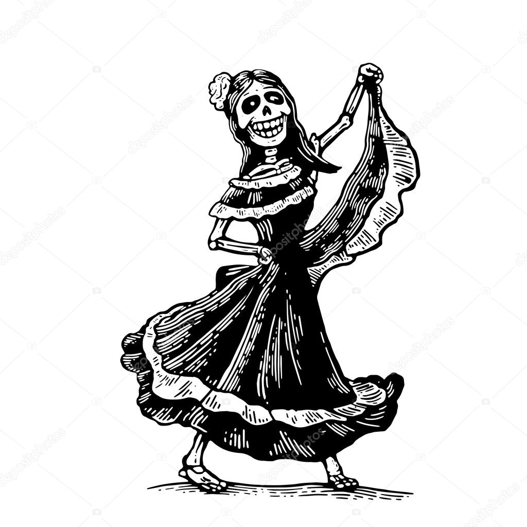 죽은, 죽은 자들의 날. 멕시코 국가 의상 춤, 노래 및 놀이 기타에 해골. 스톡 벡터 - ©DenisPotysiev 127148796, image size:1024x1024