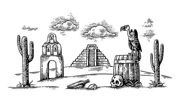 Paisaje desértico mexicano con grifo en barril, cactus, nube, iglesia — Archivo Imágenes Vectoriales