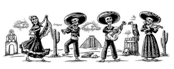 Día de los Muertos, Día de los Muertos. El esqueleto de los trajes nacionales mexicanos baila, canta y toca la guitarra . — Vector de stock