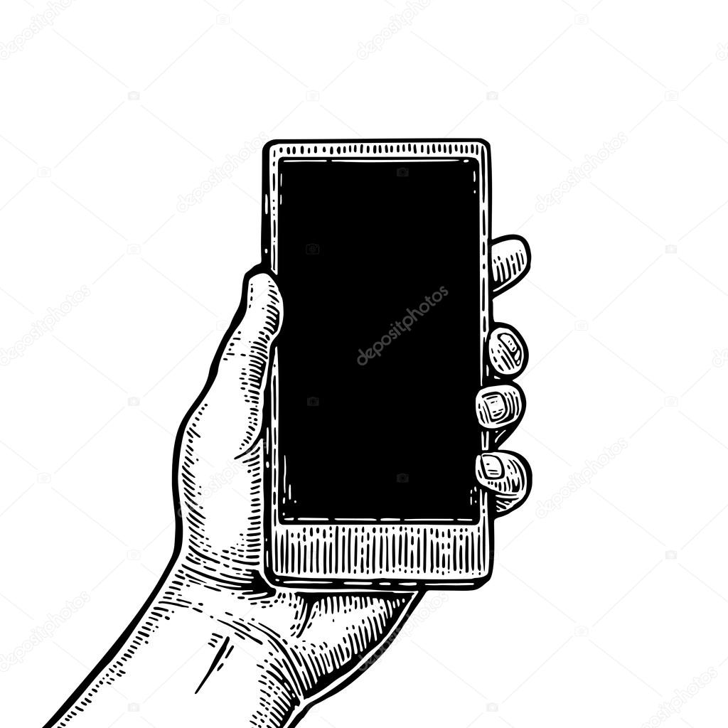 Smartphone hold male hand. Vintage drawn vector engraving illustration for info graphic, poster, web.