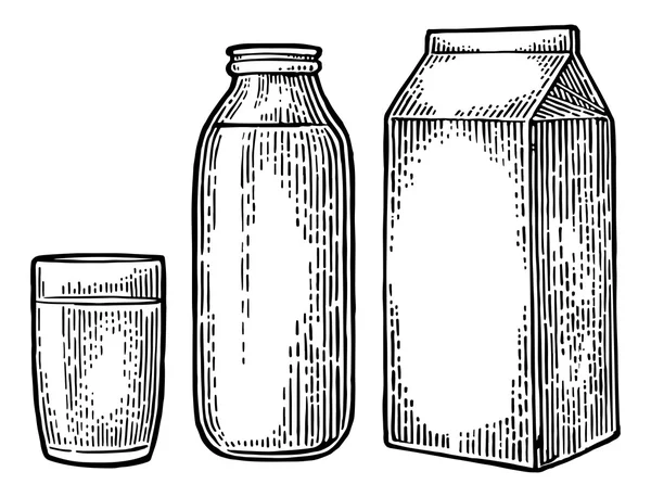 Melk box karton-pakket, glas en fles. — Stockvector