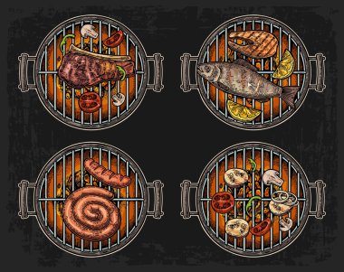 Barbekü Izgara üstten görünüm ile kömür, mantar, domates, biber, sosis, limon, Balık ve sığır eti biftek. Gıda Restoran Menü şablonu