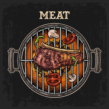 Barbekü Izgara üstten görünüm ile kömür ve sığır eti biftek.