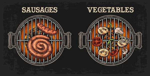 Barbecue grill top view with charcoal, sausages, mushroom, tomato, pepper and onion. Lettered text vegetables. — Stockový vektor