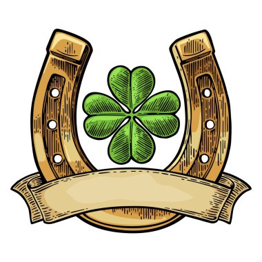 Good luck four leaf clover and horseshoe with ribbon clipart