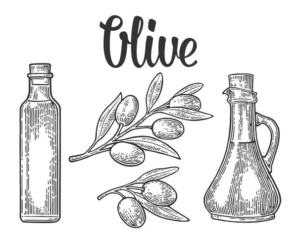 コルク栓と Olive oil と枝のボトル ガラスの葉します。 — ストックベクタ