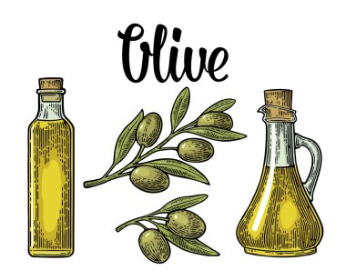 Şişe cam Mantar tıpa ile Olive oil ve şube ile yaprakları