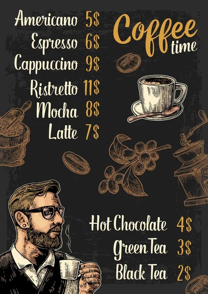 Restaurant of café menu koffie drinck met prijs. — Stockvector