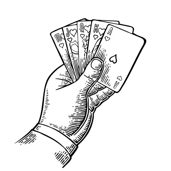 Royal flush i hjärter. Manlig hand som håller ett spel kort. — Stock vektor