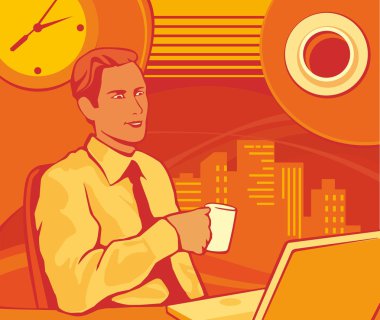 Kahve içme ve onun bilgisayar üzerinde kontrol ofis çalışanı